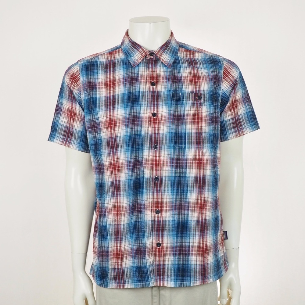 Patagonia Puckerware Button Down Shirt Mens Medium Blue Red Plaid Seersucker